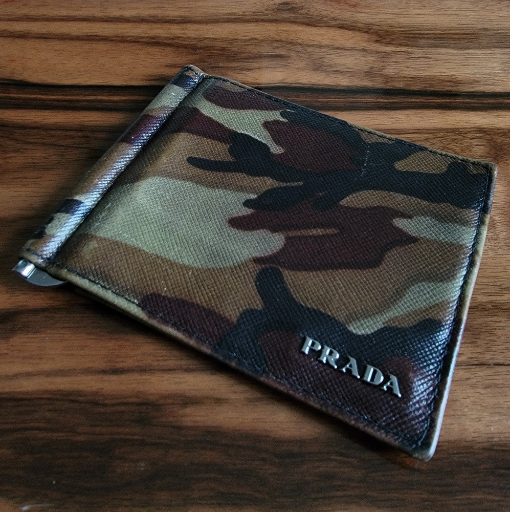 Prada Saffiano Camo Money Clip Card Holder Wallet